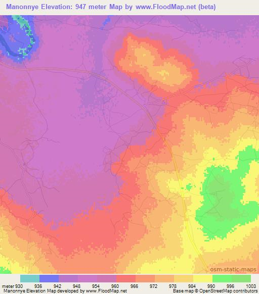 Manonnye,Botswana Elevation Map