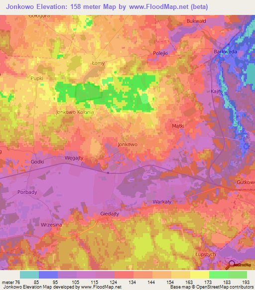 Jonkowo,Poland Elevation Map