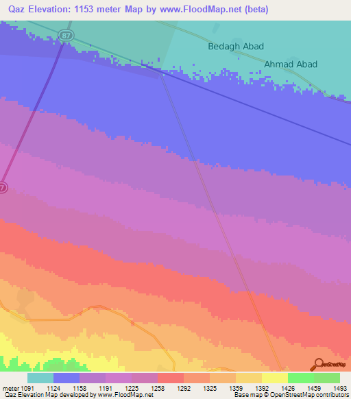 Qaz,Iran Elevation Map
