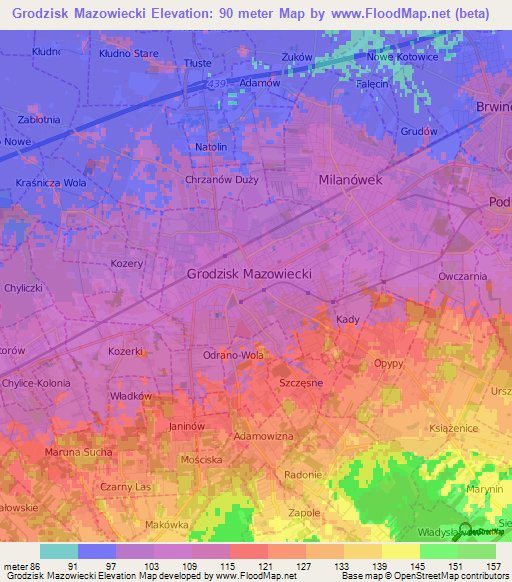 Grodzisk Mazowiecki,Poland Elevation Map