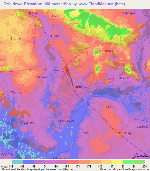 Dzialdowo,Poland Elevation Map