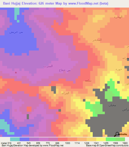 Bani Hujjaj,Yemen Elevation Map