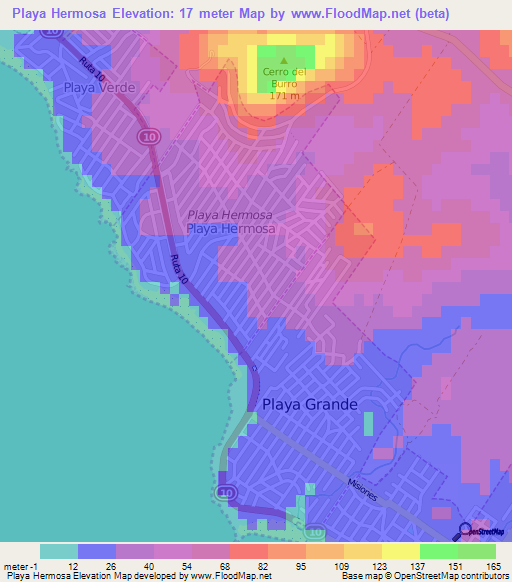 Playa Hermosa,Uruguay Elevation Map