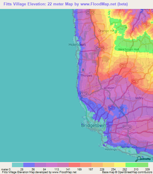 Fitts Village,Barbados Elevation Map
