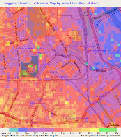 Jangpura,India Elevation Map