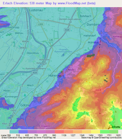Erlach,Austria Elevation Map