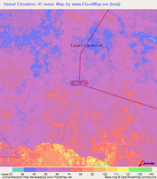 Uxmal,Mexico Elevation Map