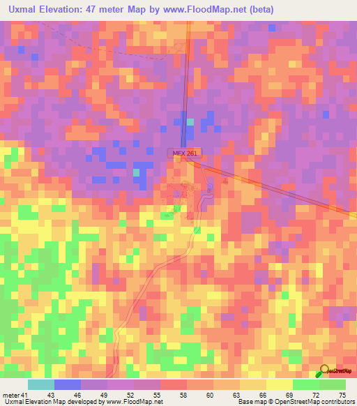 Uxmal,Mexico Elevation Map
