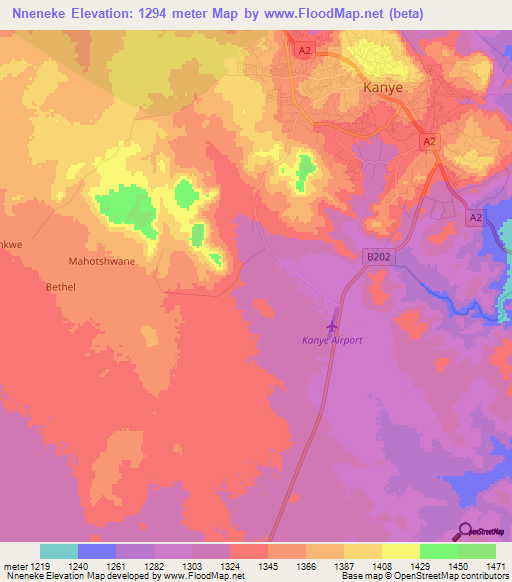 Nneneke,Botswana Elevation Map