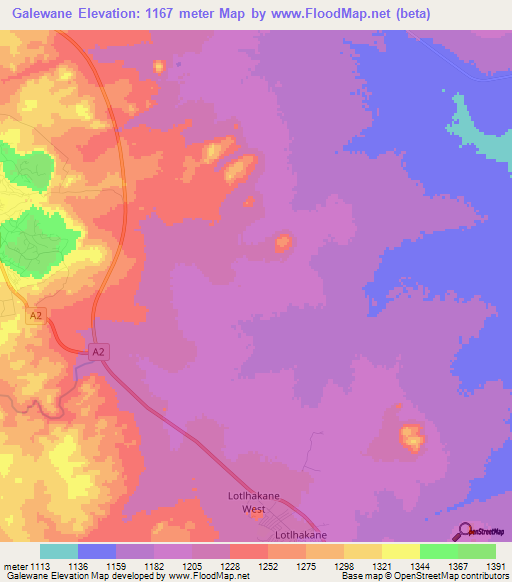 Galewane,Botswana Elevation Map