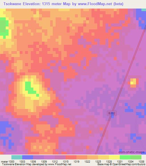 Tsokwane,Botswana Elevation Map