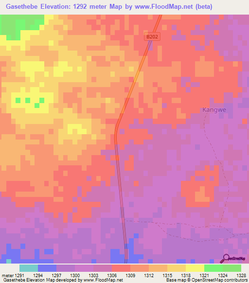Gasethebe,Botswana Elevation Map