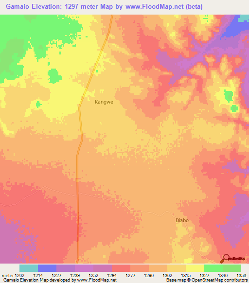 Gamaio,Botswana Elevation Map