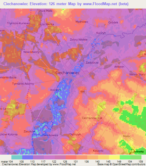 Ciechanowiec,Poland Elevation Map