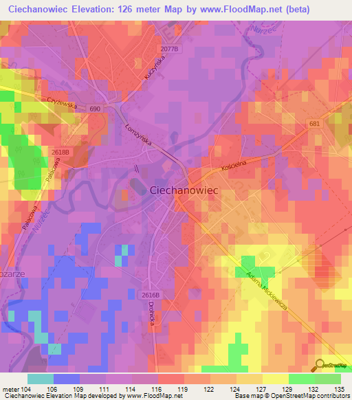 Ciechanowiec,Poland Elevation Map