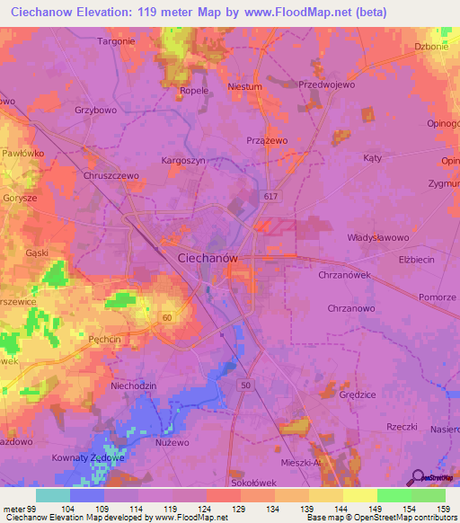 Ciechanow,Poland Elevation Map