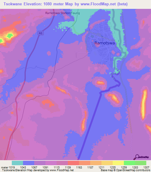 Tsokwane,Botswana Elevation Map