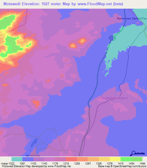 Motswedi,Botswana Elevation Map