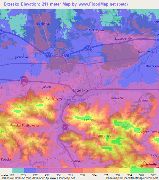 Brzesko,Poland Elevation Map