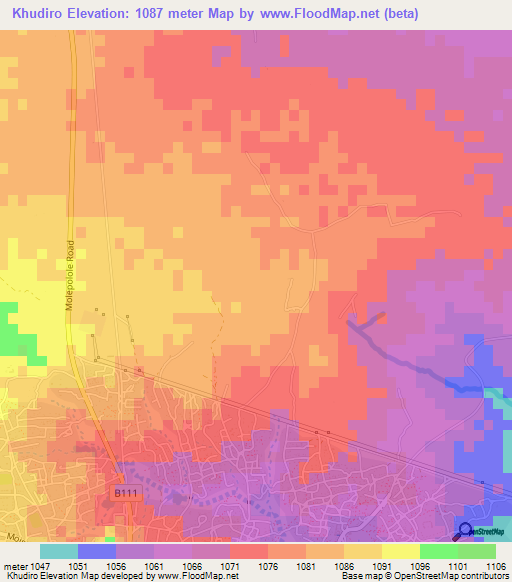 Khudiro,Botswana Elevation Map