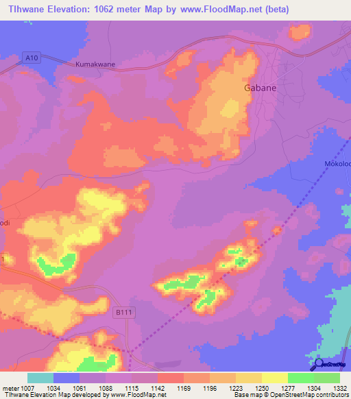 Tlhwane,Botswana Elevation Map