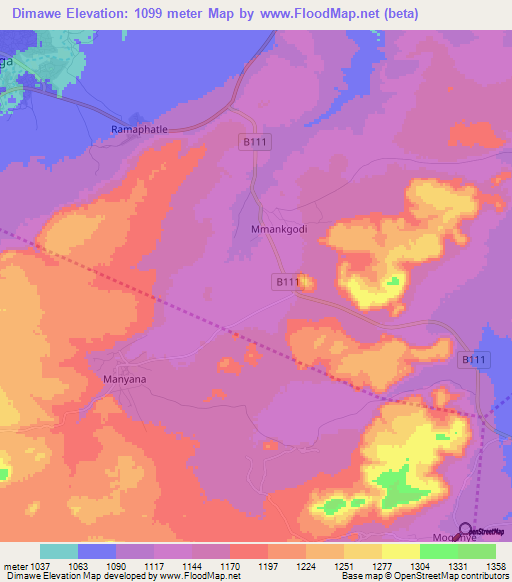 Dimawe,Botswana Elevation Map