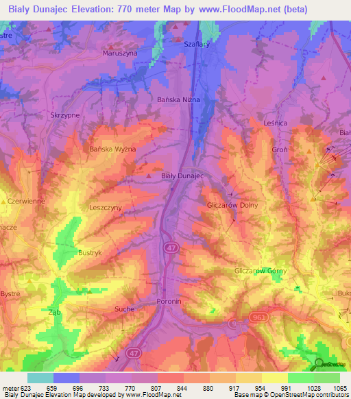 Bialy Dunajec,Poland Elevation Map