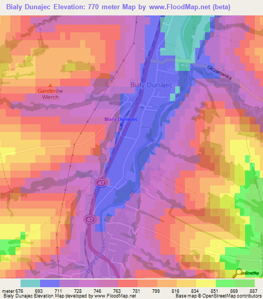 Bialy Dunajec,Poland Elevation Map