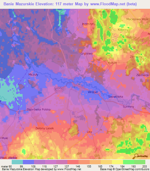 Banie Mazurskie,Poland Elevation Map
