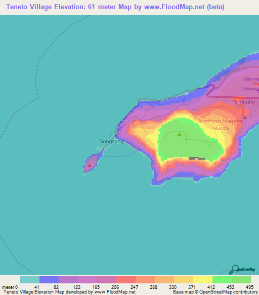 Teneto Village,Northern Mariana Islands Elevation Map