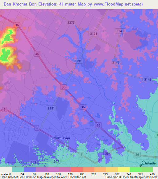 Ban Krachet Bon,Thailand Elevation Map