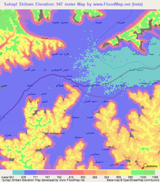 Suhayl Shibam,Yemen Elevation Map