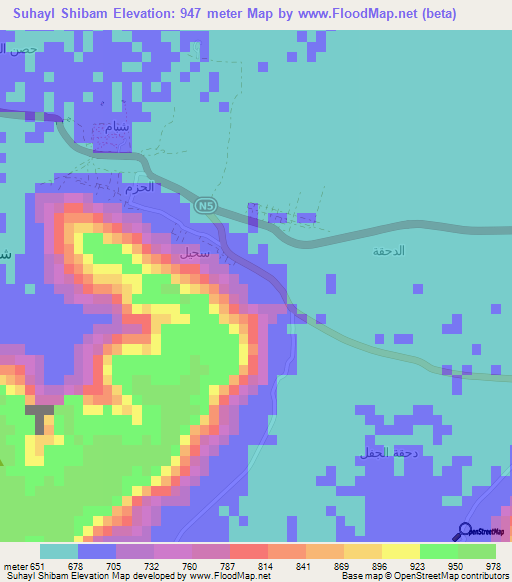Suhayl Shibam,Yemen Elevation Map