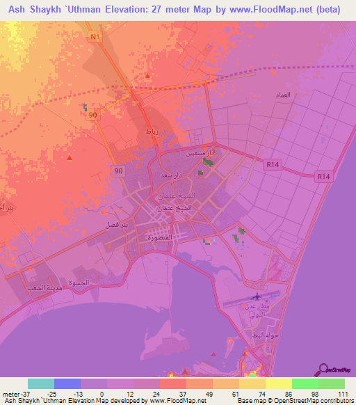 Ash Shaykh `Uthman,Yemen Elevation Map