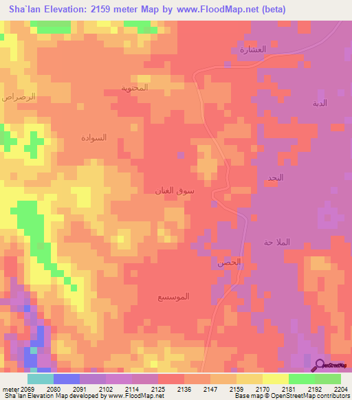 Sha`lan,Yemen Elevation Map