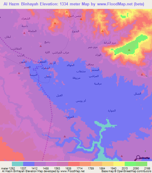 Al Hazm Binhayah,Yemen Elevation Map