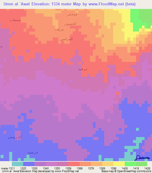 Umm al `Awal,Yemen Elevation Map