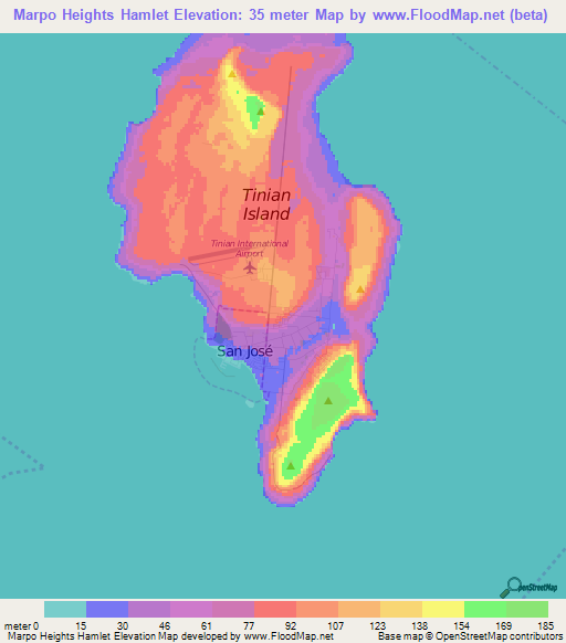 Marpo Heights Hamlet,Northern Mariana Islands Elevation Map