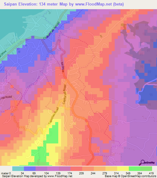 Saipan,Northern Mariana Islands Elevation Map
