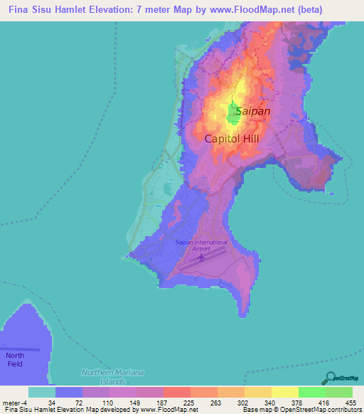Fina Sisu Hamlet,Northern Mariana Islands Elevation Map
