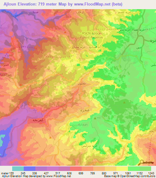 Ajloun,Jordan Elevation Map