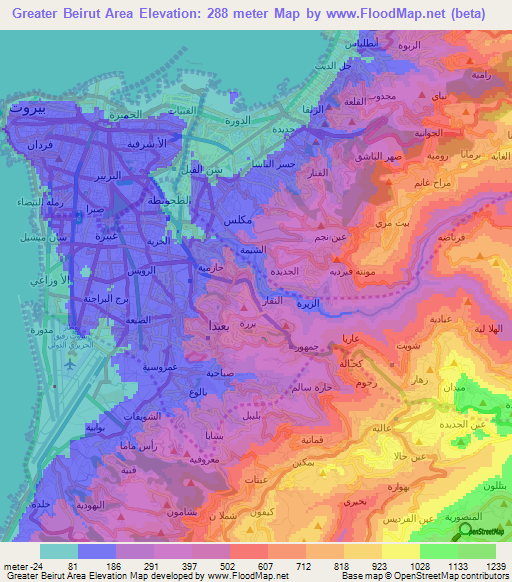 Greater Beirut Area,Lebanon Elevation Map
