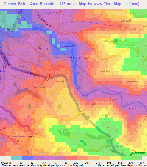 Greater Beirut Area,Lebanon Elevation Map