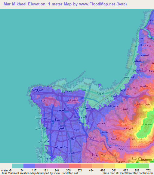 Mar Mikhael,Lebanon Elevation Map