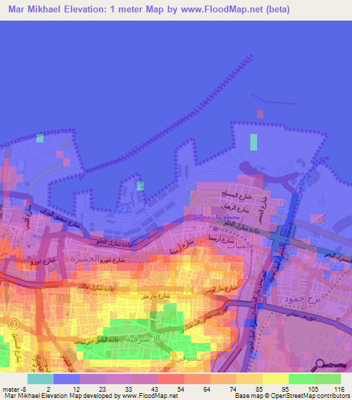 Mar Mikhael,Lebanon Elevation Map