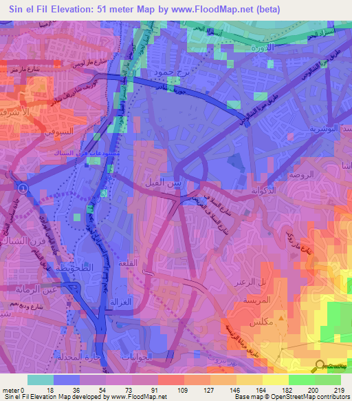 Sin el Fil,Lebanon Elevation Map