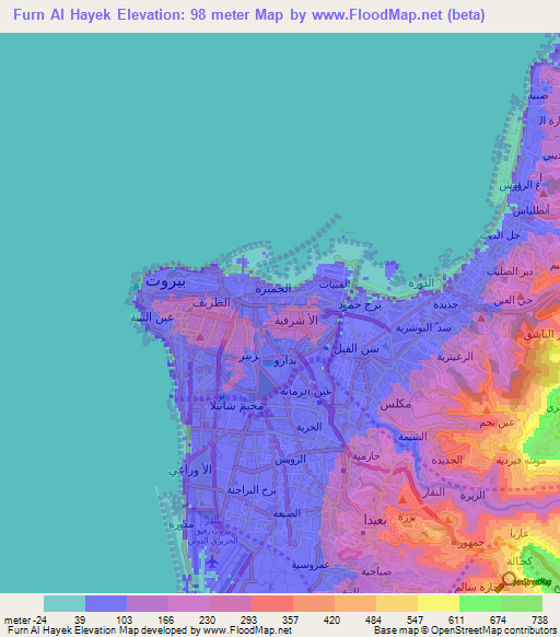 Furn Al Hayek,Lebanon Elevation Map
