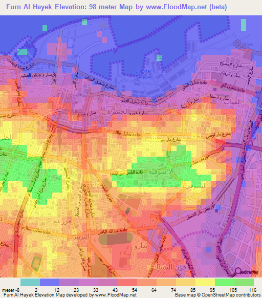 Furn Al Hayek,Lebanon Elevation Map