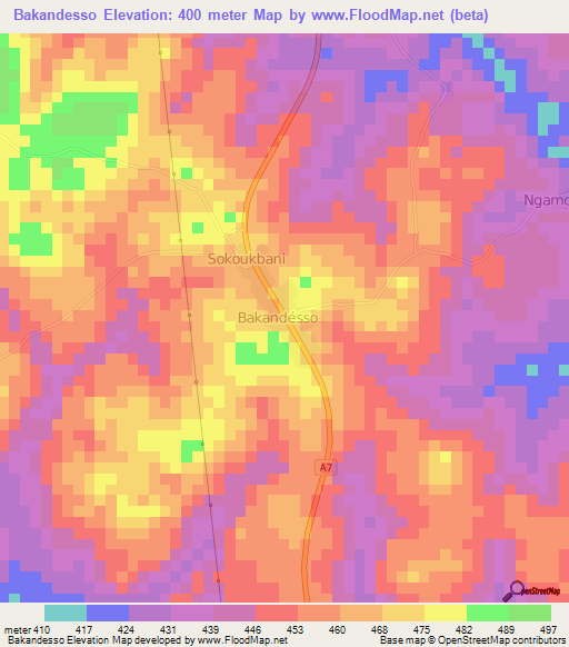 Bakandesso,Ivory Coast Elevation Map
