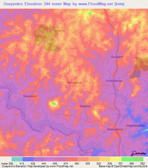 Oueyenkro,Ivory Coast Elevation Map